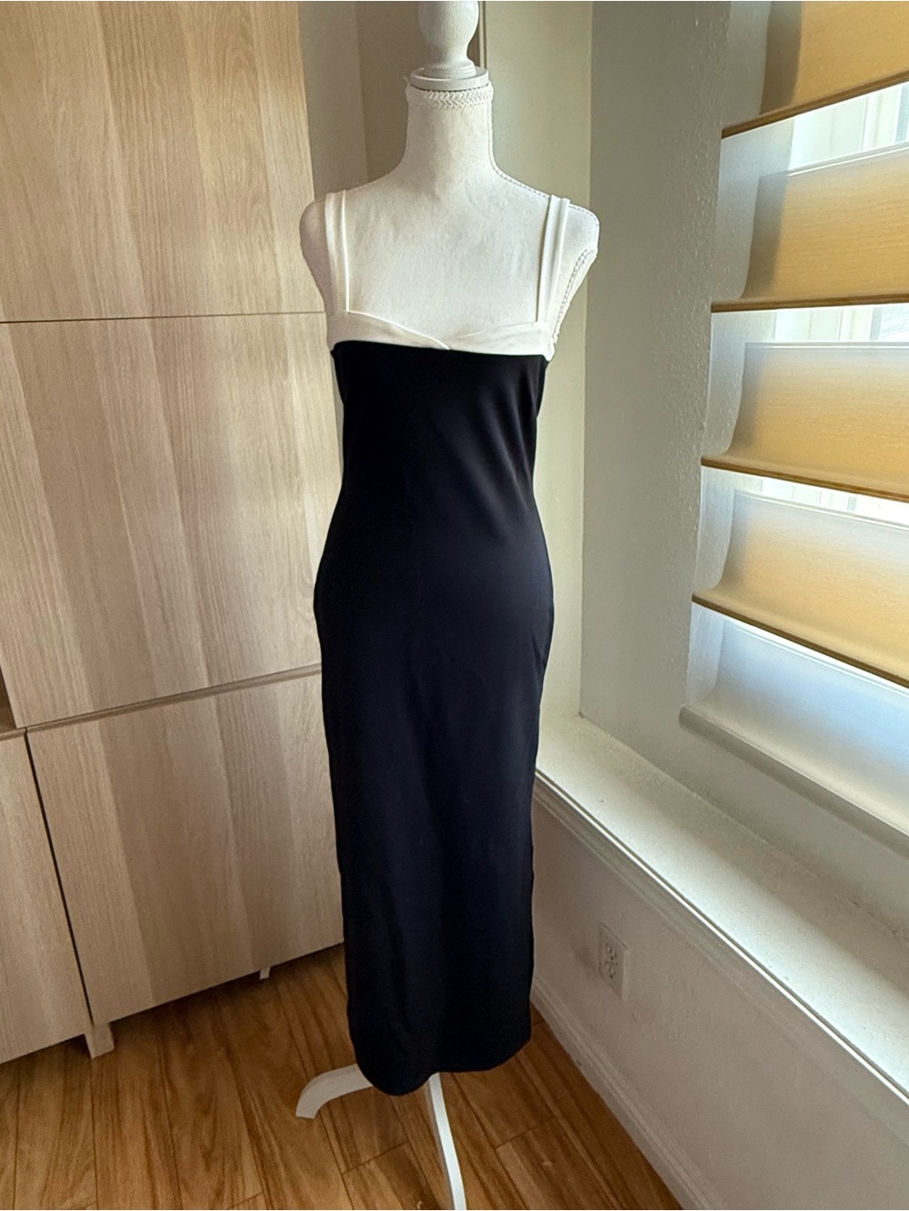 Hello Molly Black Midi Slip Dress with White Square Yoke
